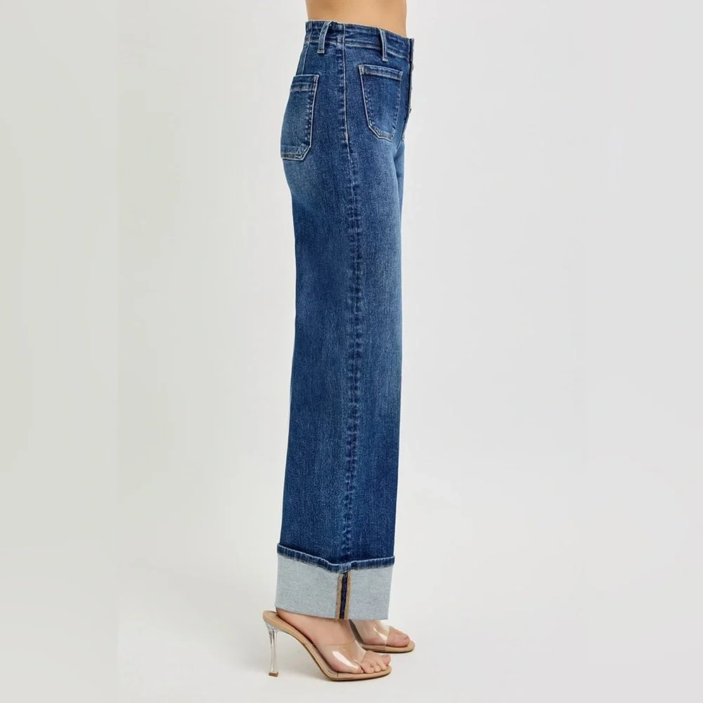 RDP5965X DARK Risen High Rise Ankle Wide ButtonDown Front PatchPocketCuffedJeans - Picture 3 of 3